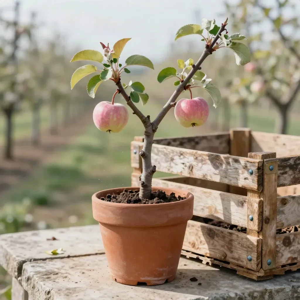 Honeycrisp apple tree in a clay pot leaning by a weathered crate, with two ripe blush apples.