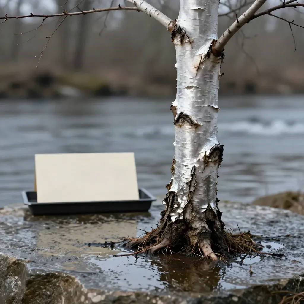 River birch sapling on wet stone with silver bark, root ball, and misty spray.
