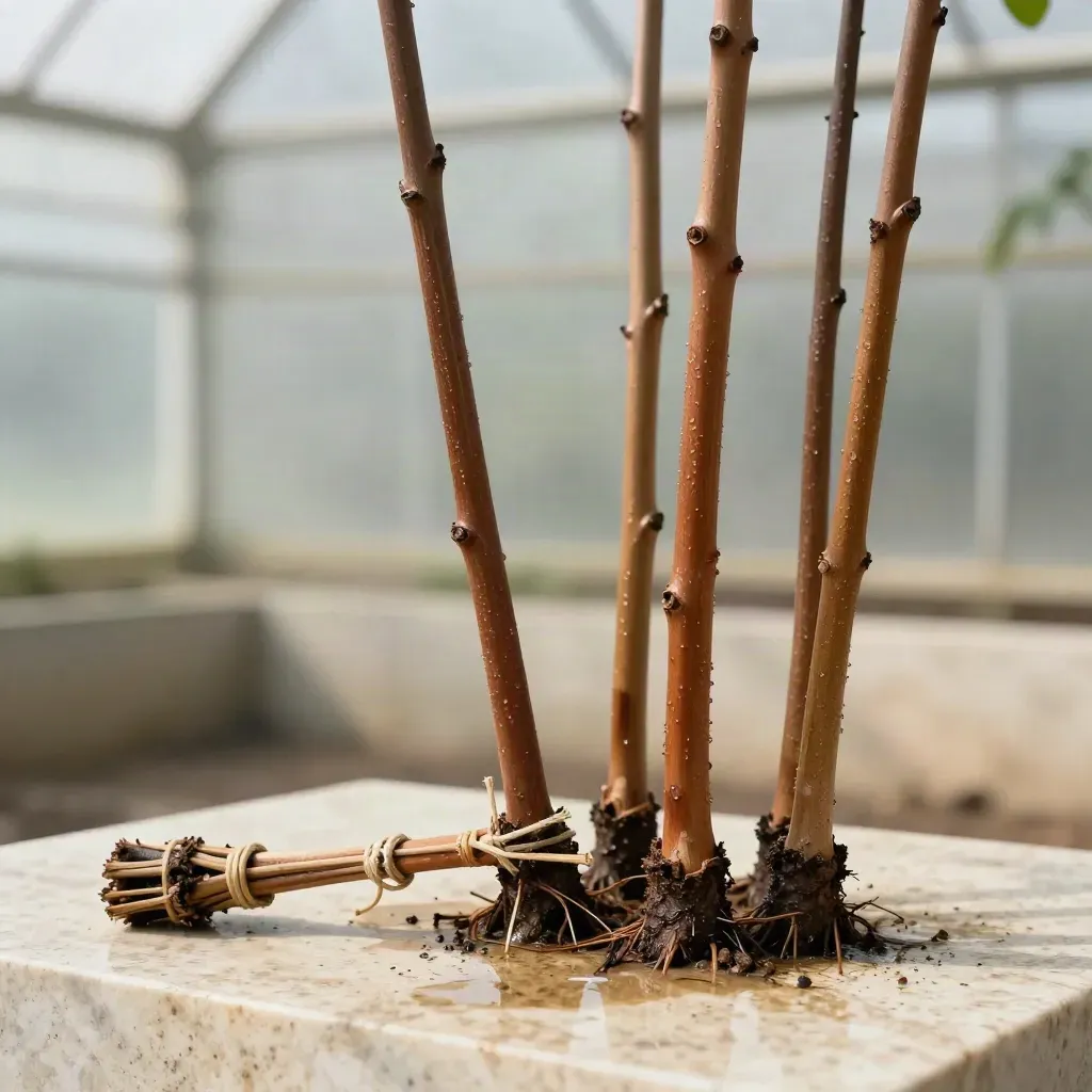 Five northern red oak saplings bundled on pale travertine in a softly lit nursery hero shot.