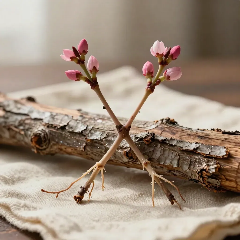 Two Eastern redbud saplings crossing, with bare roots and pink buds on a cream nursery wrap.